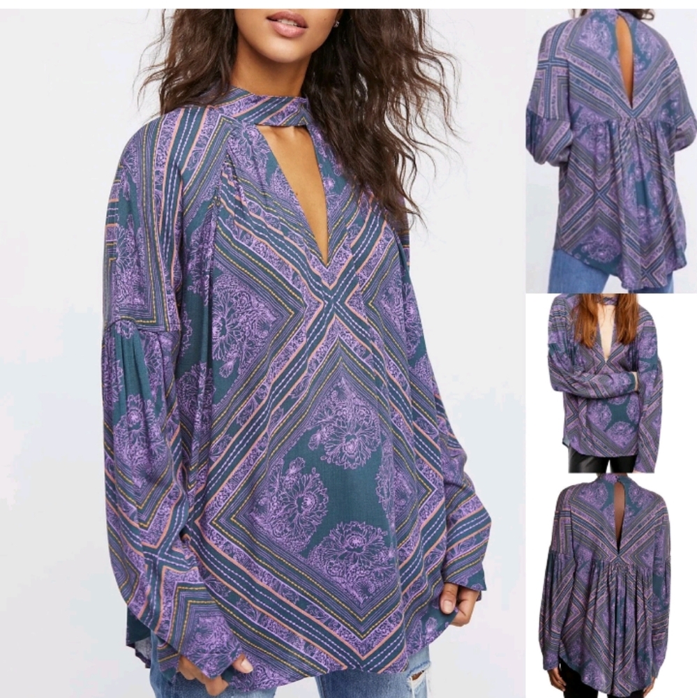 Free People Walking On A Dream Tunic S Womens Purple Gray Long Sleeves Cutout
